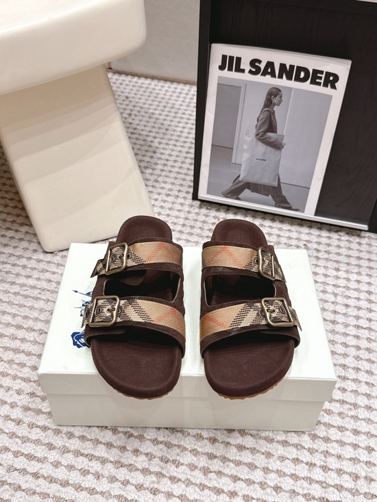 Burberry Shoes - Burberry Brown Plaid Double-Buckle Slide Sandals